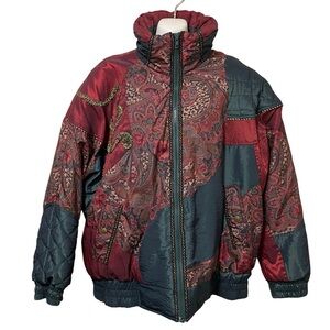 Vintage Izzi Color Block Embellished Paisley Print Green Maroon Puffer Coat